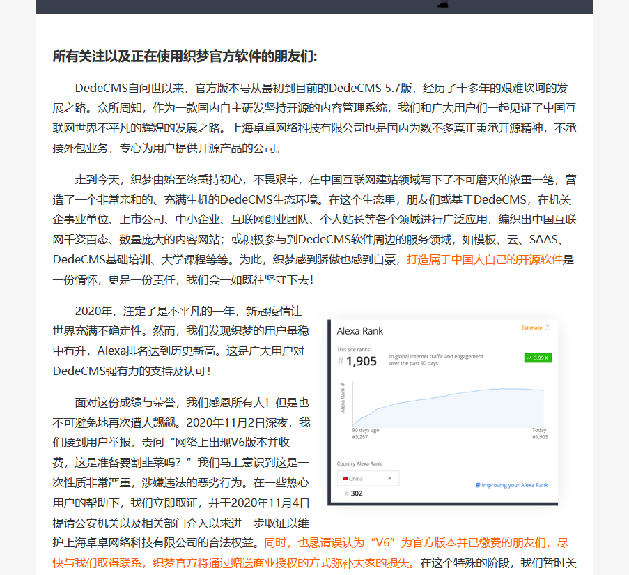 DedeCMS織夢(mèng)版權(quán)強(qiáng)制收費(fèi)后 多位站長(zhǎng)收到侵權(quán)告知涵